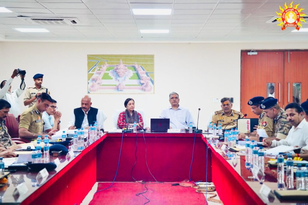 Officials seated around a red U-shaped table during the October 28 security review at the Shri Ram Janmabhoomi complex in Ayodhya