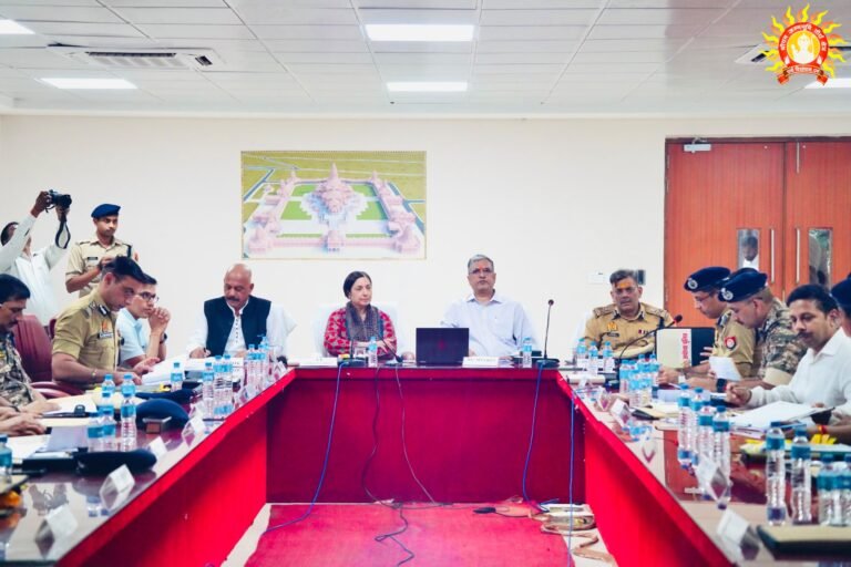 Officials seated around a red U-shaped table during the October 28 security review at the Shri Ram Janmabhoomi complex in Ayodhya