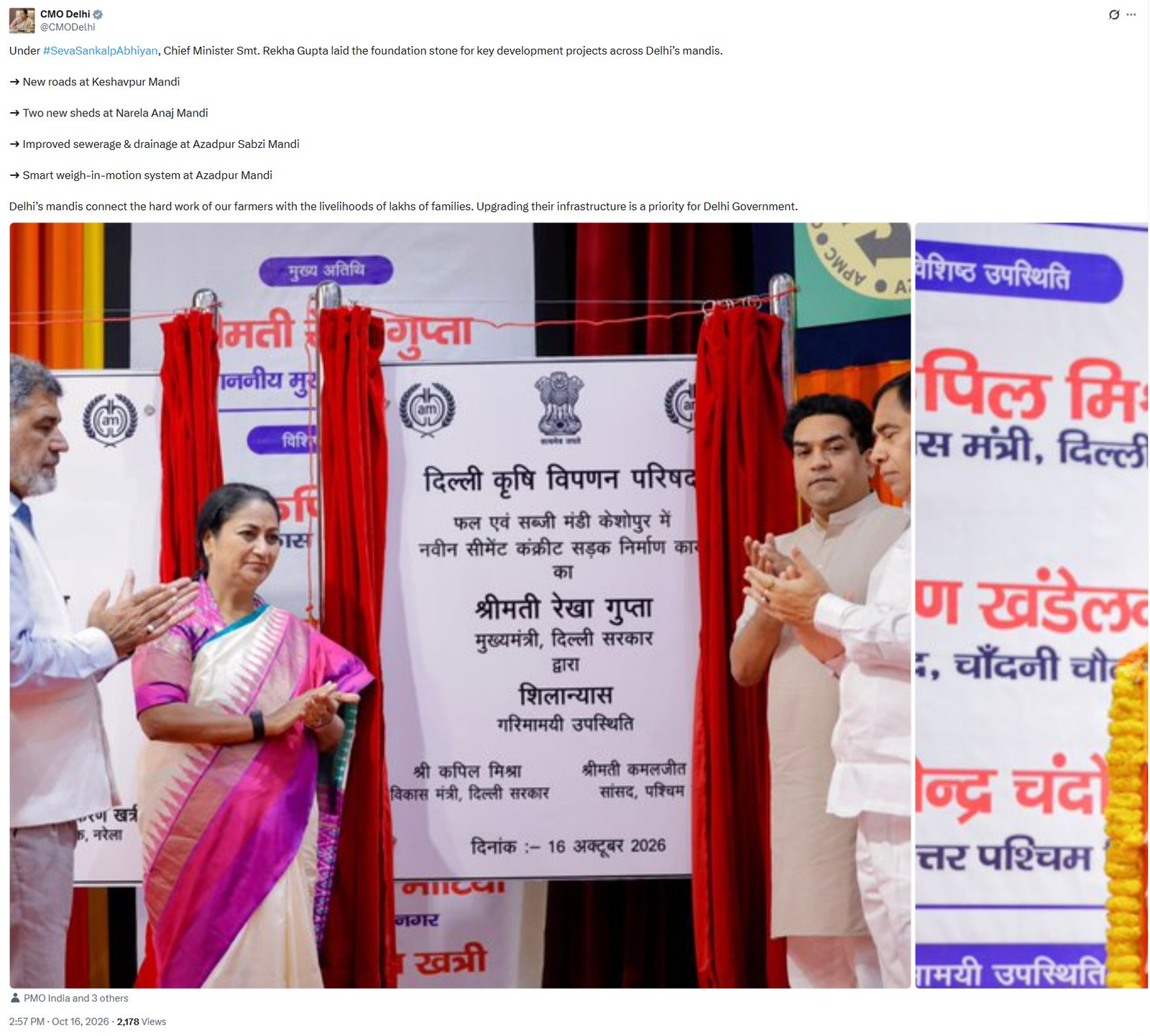 Delhi mandi upgrade: Rekha Gupta lays foundation for roads, sheds and Azadpur drainage Complete original X post with account identity and timestamp