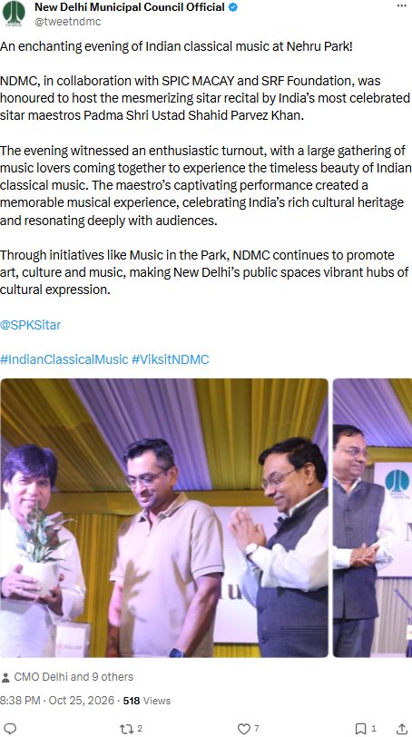 Shahid Parvez Khan, Siddhartha Belmannu Bring Classical Music to Nehru Park NDMC original post on Ustad Shahid Parvez Khan’s Nehru Park sitar recital