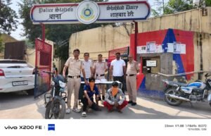 Delhi Police personnel and recovered property outside Shahbad Dairy Police Station