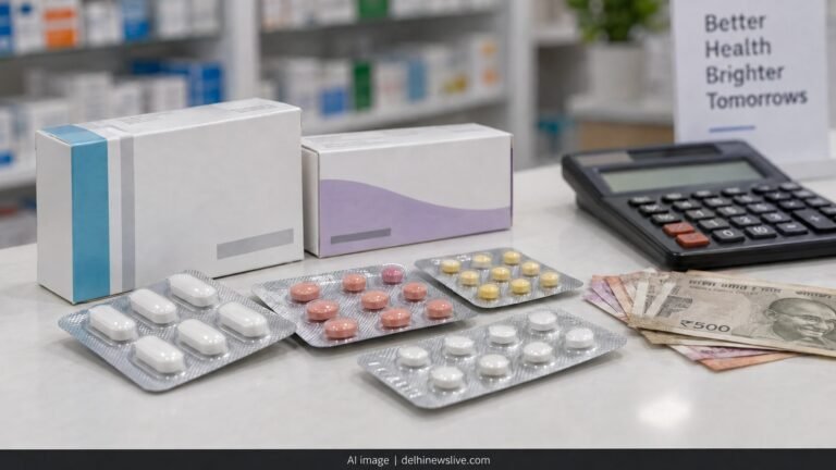 AI representational image of medicine packs, calculator and rupee notes illustrating cancer medicine costs