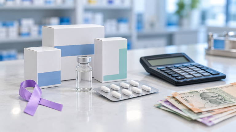 AI-generated representational image of medicines, a calculator and cancer-awareness ribbon