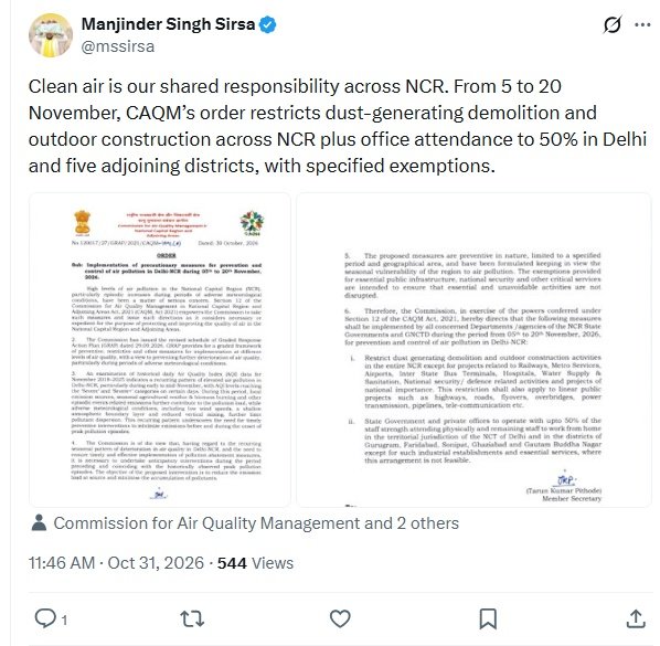 CAQM orders November 5–20 construction curbs; 50% office attendance in Delhi, five districts Manjinder Singh Sirsa’s original post on the CAQM November 5–20 order