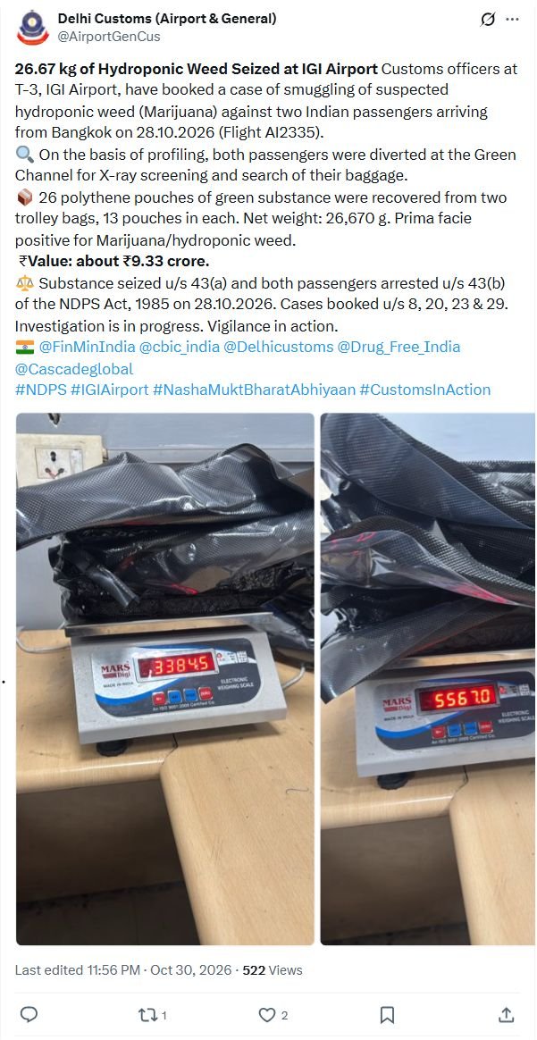 IGI Customs seize 26.67 kg suspected hydroponic weed from Bangkok passengers Screenshot of Airport Customs' official X post about the IGI Airport seizure