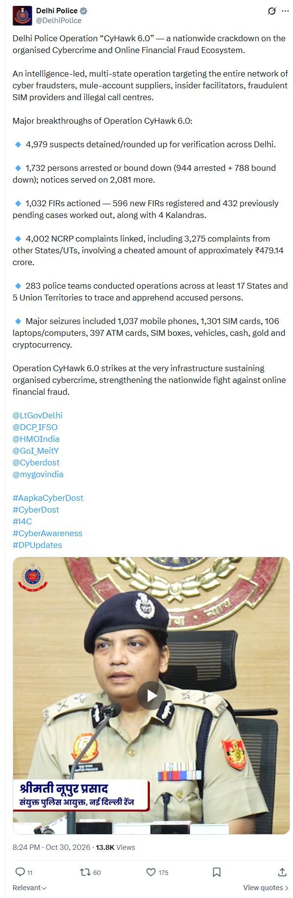Complete original Delhi Police post detailing Operation CyHawk 6.0