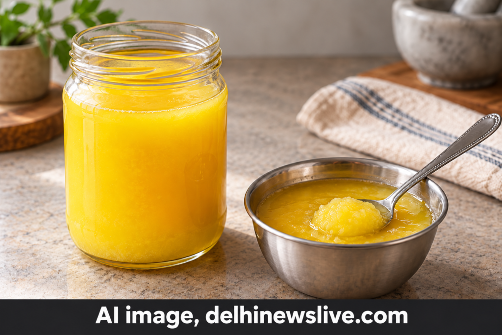 AI-generated representational image of ghee in a glass jar and steel bowl with AI image disclosure stamp
