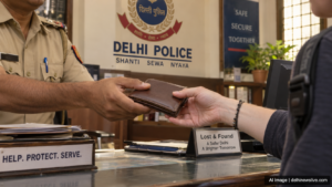 AI image: Representational illustration of police returning a lost purse. delhinewslive.com.