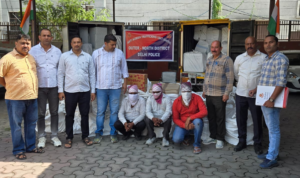 Delhi Firecracker Seizure Leads to Alipur Godown; 2,101 Kg Recovered Police personnel, three seated people with covered faces and two vehicles displayed after the firecracker seizure