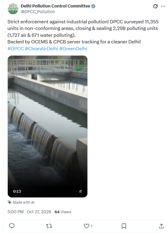 DPCC Says 2,298 Polluting Units Closed or Sealed in Delhi DPCC post reporting 2,298 polluting units closed or sealed; source video carries a Made with AI label