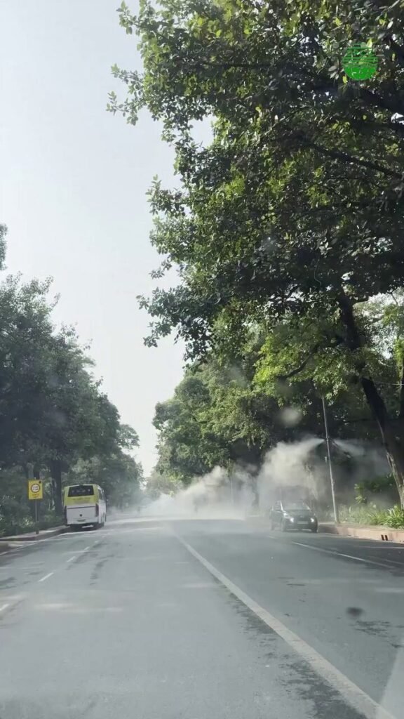 Mist being sprayed along a tree-lined road in the DPCC video