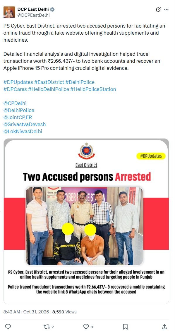 Two arrested over alleged fake medicine and health-supplement website fraud Complete official East District Police post on alleged medicine and health-supplement website fraud