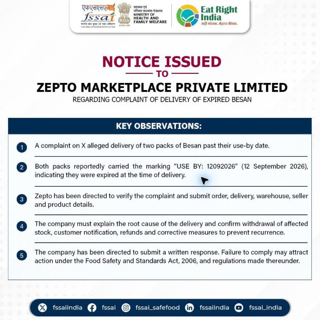 FSSAI Issues Zepto Notice Over Expired Besan Complaint; Three Other Firms Face Action FSSAI notice to Zepto over an alleged expired-besan delivery