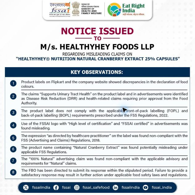 FSSAI Issues Zepto Notice Over Expired Besan Complaint; Three Other Firms Face Action FSSAI HealthyHey cranberry-capsule notice