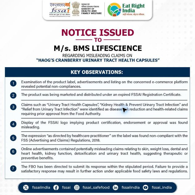 FSSAI Issues Zepto Notice Over Expired Besan Complaint; Three Other Firms Face Action FSSAI BMS Lifescience cranberry-capsule notice