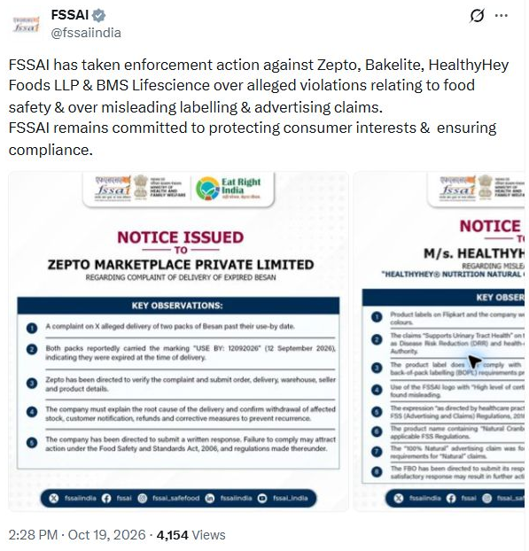 एक्सपायर बेसन की डिलीवरी की शिकायत पर Zepto को FSSAI का नोटिस, तीन अन्य कंपनियों पर भी कार्रवाई 19 अक्टूबर 2026 का FSSAI का मूल X पोस्ट