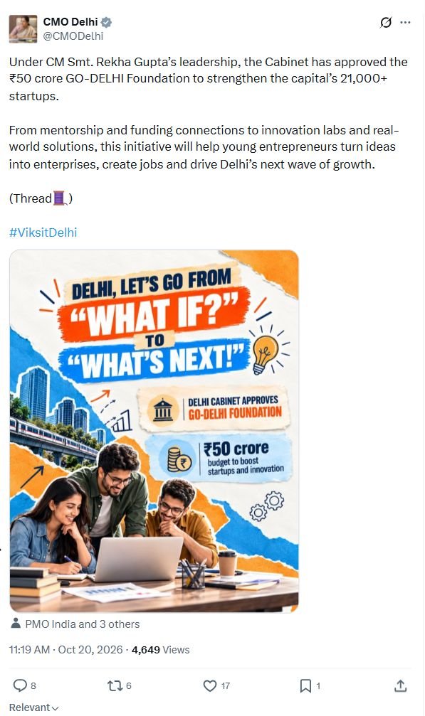GO-DELHI Foundation: Delhi Cabinet Approves Rs 50 Crore for Startup Support Complete Delhi CMO announcement of the Rs 50 crore GO-DELHI Foundation, dated October 20, 2026