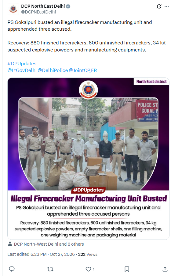 Original Delhi Police post on the Gokalpuri firecracker-unit recovery