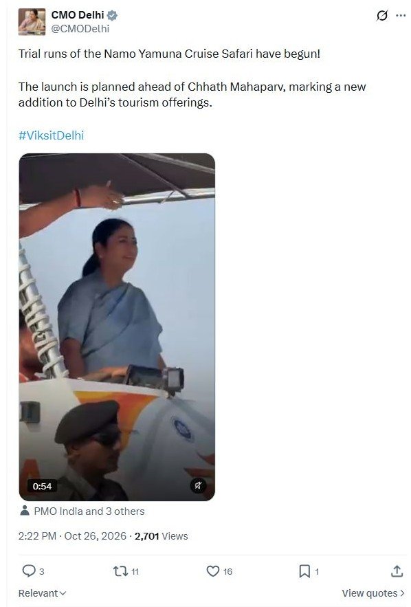 Original CMO Delhi post announcing Namo Yamuna Cruise trials
