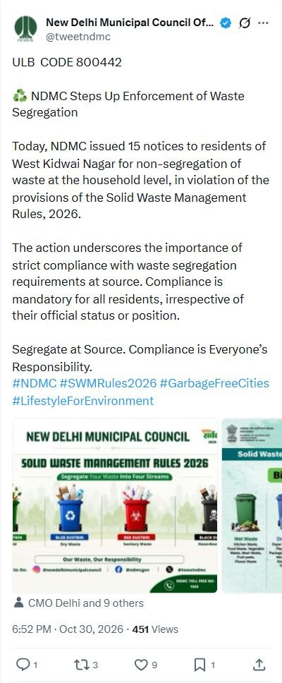 Screenshot of NDMC’s official X post announcing 15 waste-segregation notices in West Kidwai Nagar