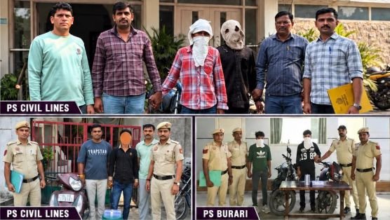 Three police photographs showing apprehended men and recovered two-wheelers in Civil Lines and Burari