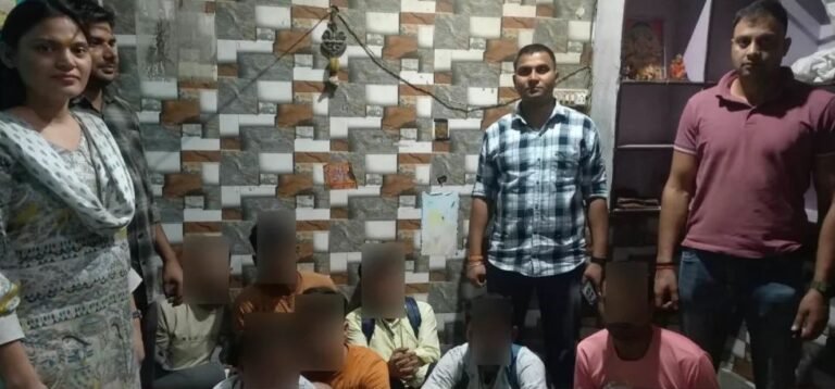 North-West Delhi police raid three gambling dens, recover ₹49,930 Police personnel with face-blurred individuals in the North-West district gambling case photograph
