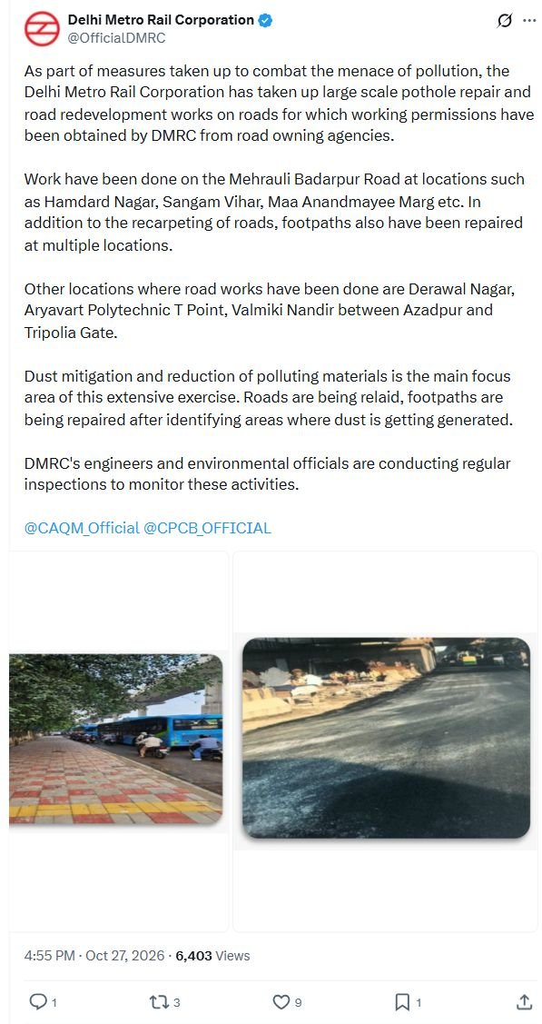 Original DMRC statement on road and footpath repairs to reduce dust pollution, October 27, 2026