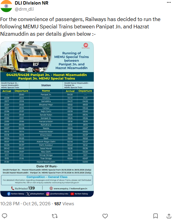 Official Northern Railway Panipat Hazrat Nizamuddin MEMU special announcement and timetable