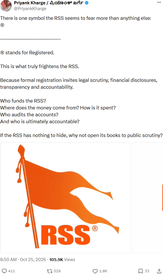 Priyank Kharge Challenges RSS to Open Its Books, Questions Funding and Accountability Priyank Kharge’s complete X post questioning RSS funding and accountability, October 25, 2026 at 8.50am IST