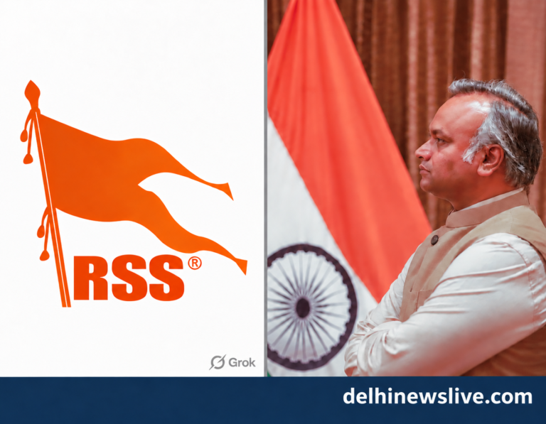Editorial collage with the RSS graphic on the left and Priyank Kharge’s profile photograph on the right