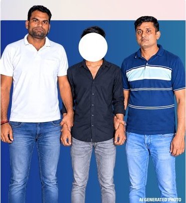 Sarita Vihar police graphic labelled AI-generated photo in the source, with original face masking