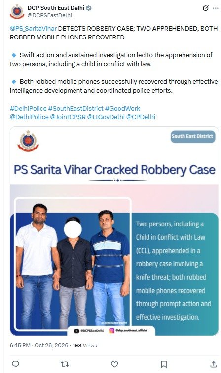 Both Robbed Phones Recovered in Sarita Vihar Case; Two Apprehended, Including Juvenile Official Sarita Vihar update; accompanying graphic is labelled AI generated