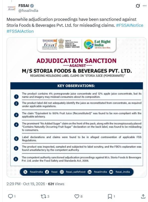 अनार जूस के लेबल दावों पर Storia के खिलाफ कार्यवाही को FSSAI की मंजूरी Storia के लेबल दावों पर FSSAI की पूरी मूल X पोस्ट, नोटिस और 19 अक्टूबर 2026 का समय