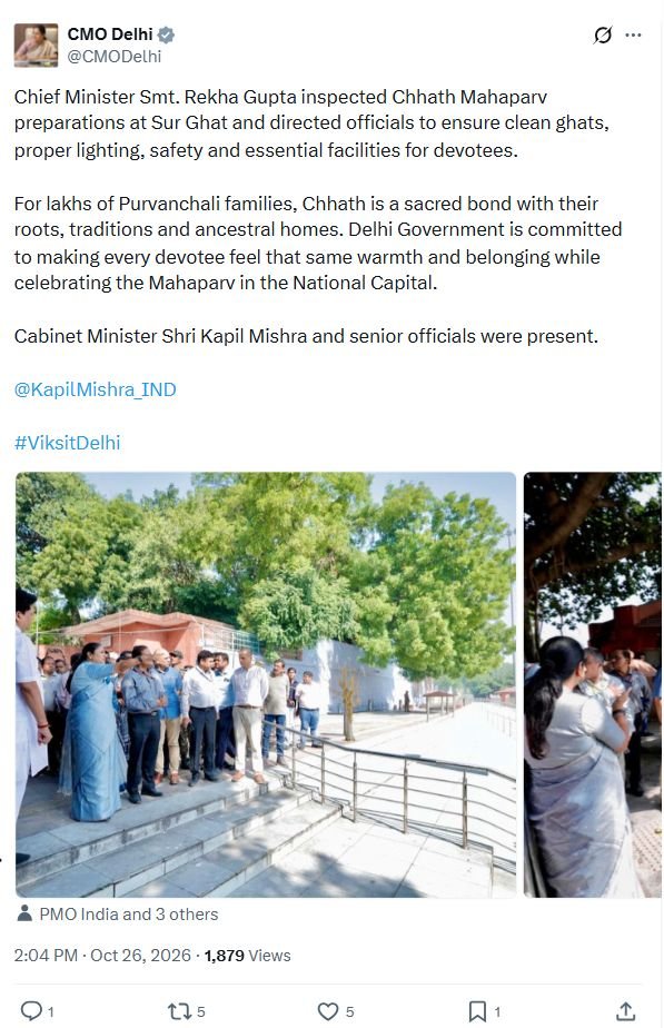 Original Delhi Chief Minister Office post on Sur Ghat Chhath preparations, October 26