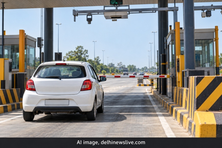 AI-generated representational image of a private car at a highway toll plaza.