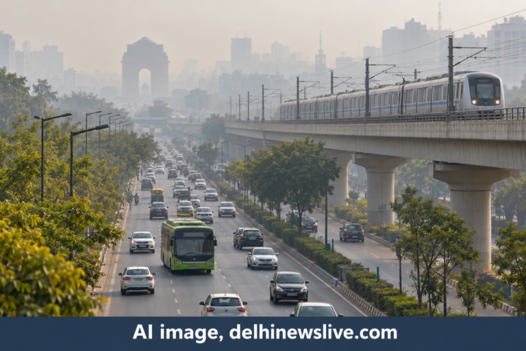 Delhi-NCR GRAP Stage I Invoked as AQI Hits 244; Traffic Police Urge Metro Use, Valid PUCC and No Idling AI-generated representational scene of Metro, bus and road traffic illustrating Delhi pollution advice