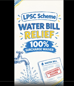 Delhi Government Says Water-Bill Relief Has Benefited Over 4.39 Lakh Families LPSC water-bill relief illustration showing a tap, water bill and 100% surcharge waiver