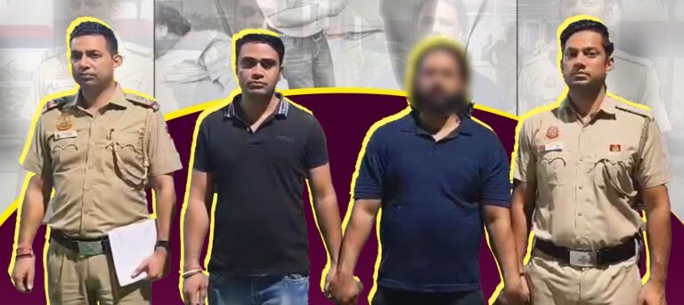 Cropped Delhi Police graphic showing police personnel and the accused YouTuber, whose face is blurred